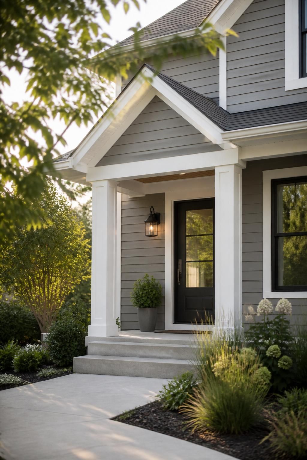 Fresh siding and a finished home entry in soft daylight.