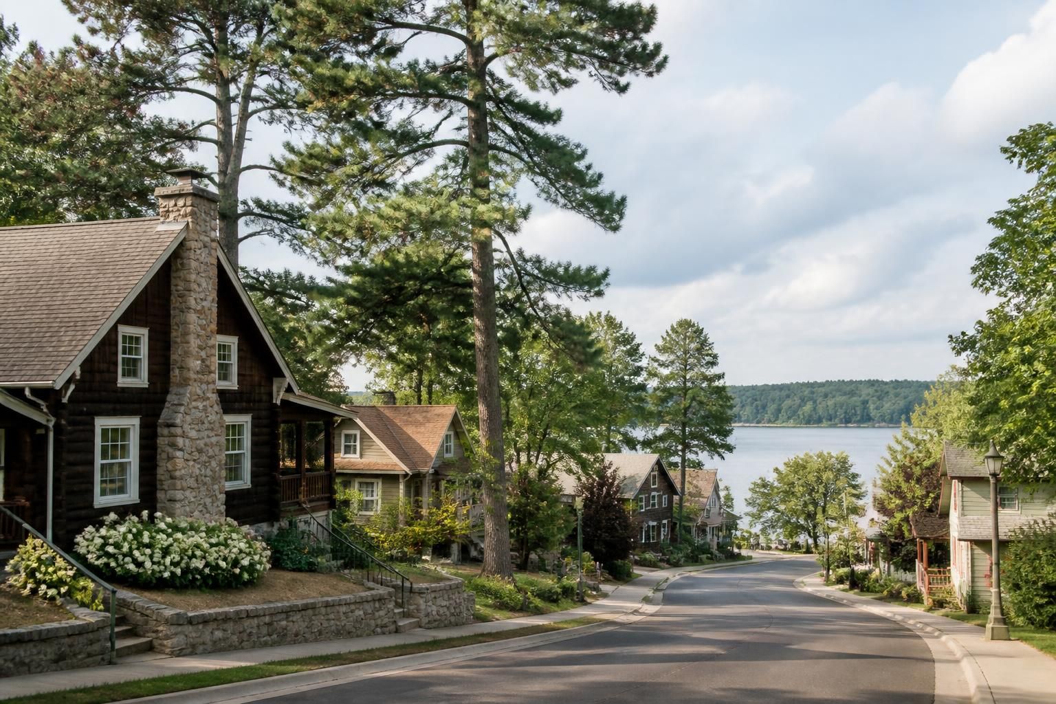 Tidy homes and cabins on a calm Minnesota street.