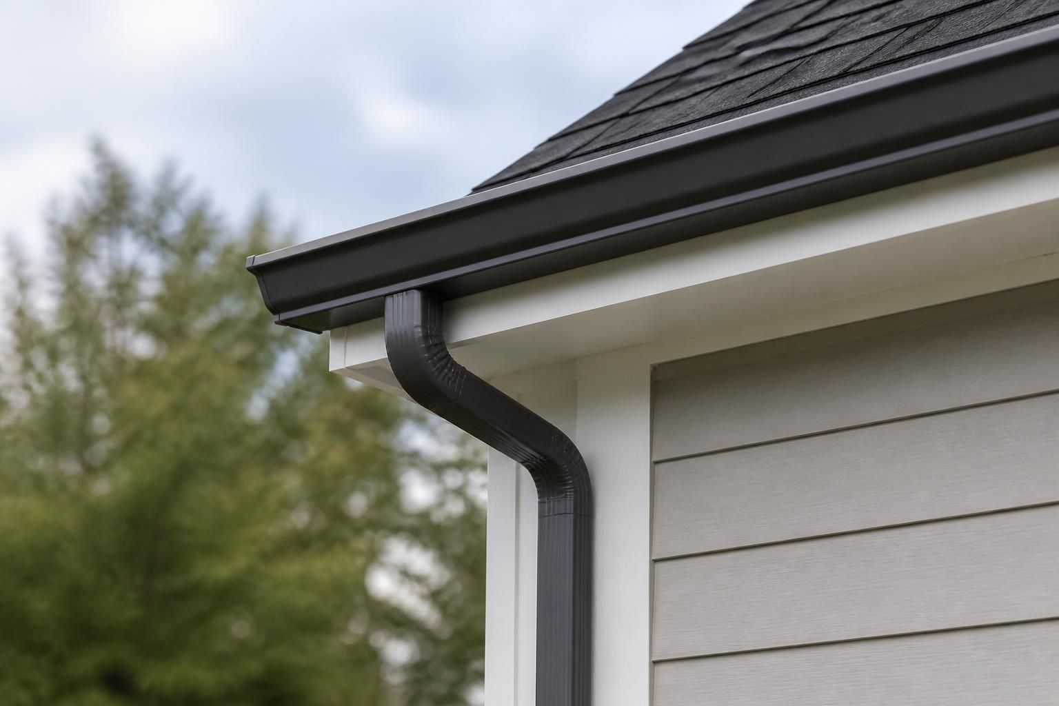 New gutters installed on a finished home exterior.
