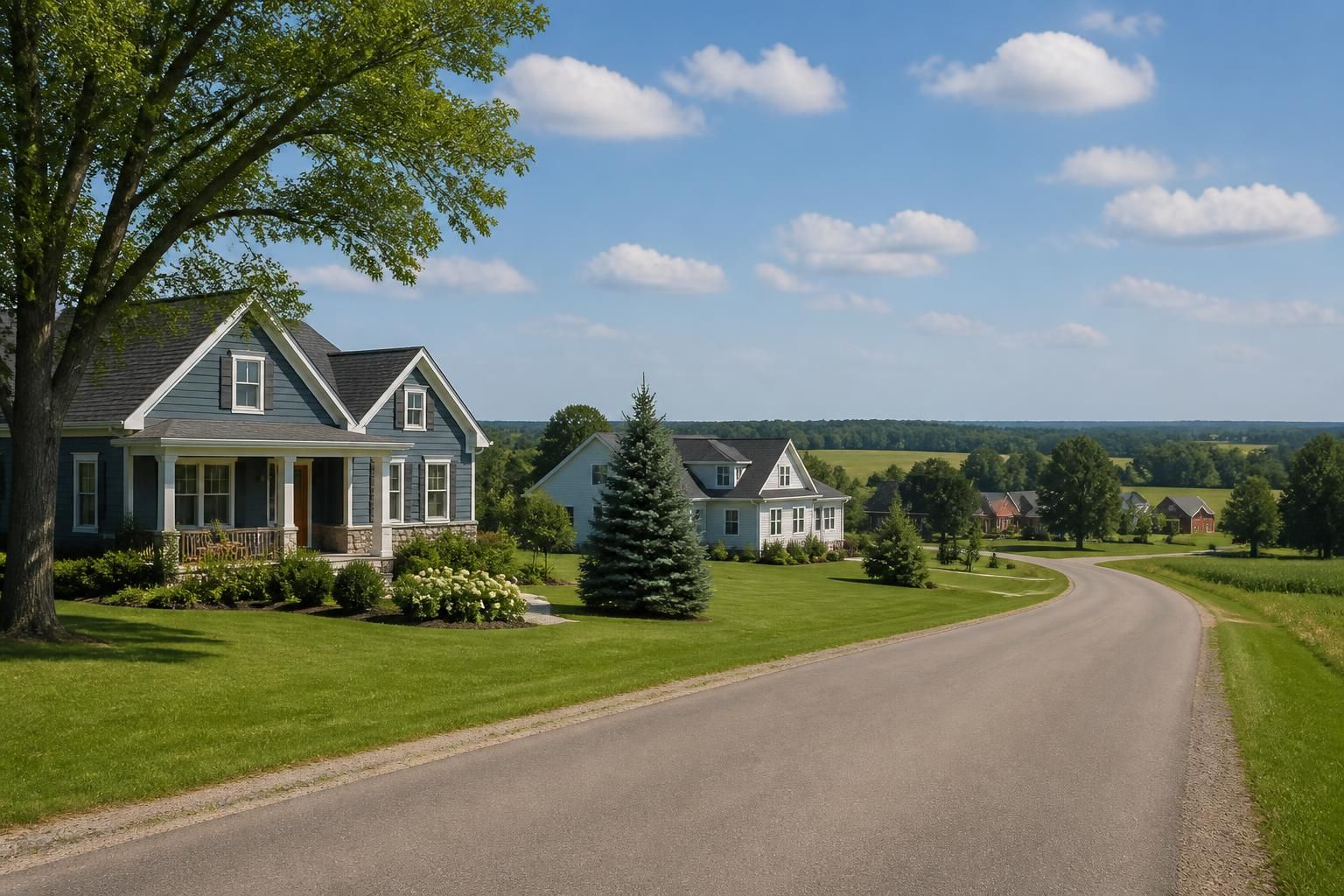 Neat homes along a calm rural Minnesota road.