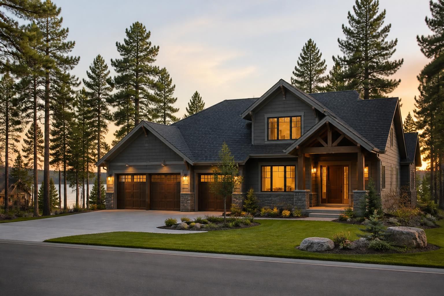 Peaceful Minnesota home exterior surrounded by pines.