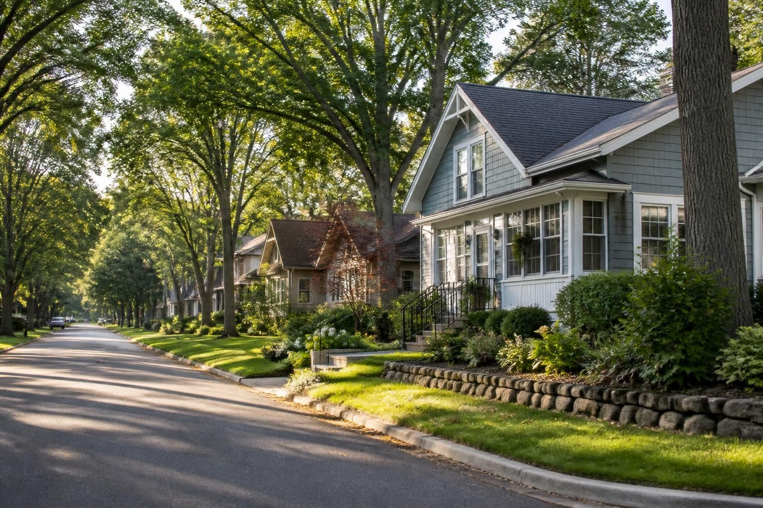 Wooded Minnesota neighborhood with tidy homes.