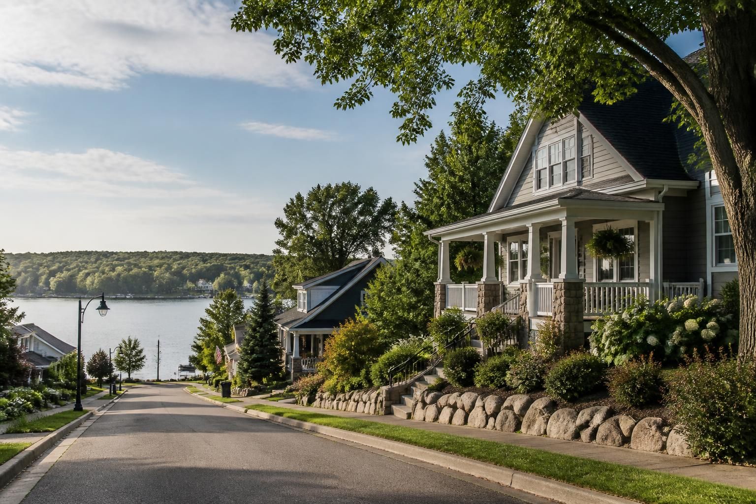 Welcoming residential street in a Minnesota lakeside town.