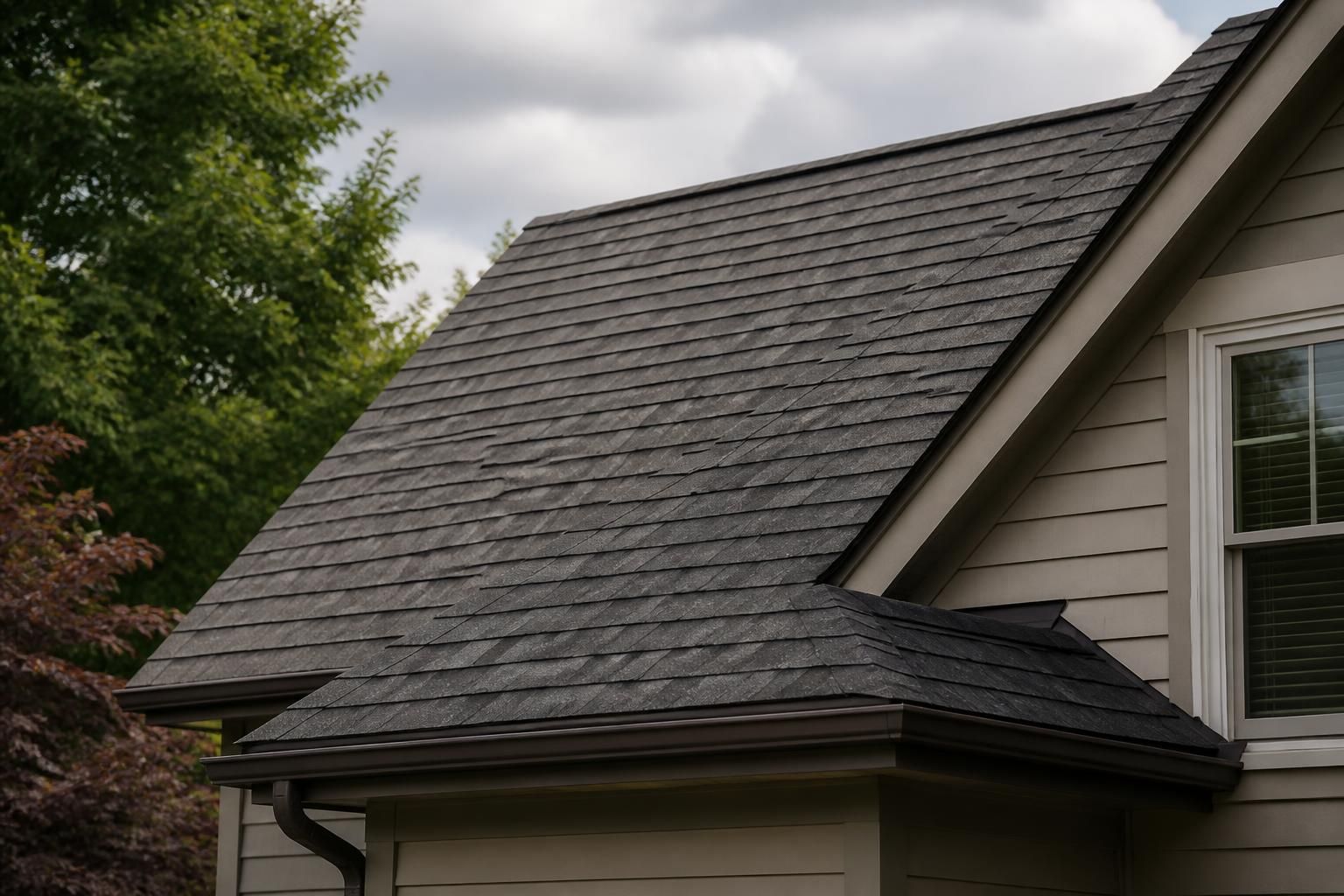 Repaired roof section on a finished residential exterior.