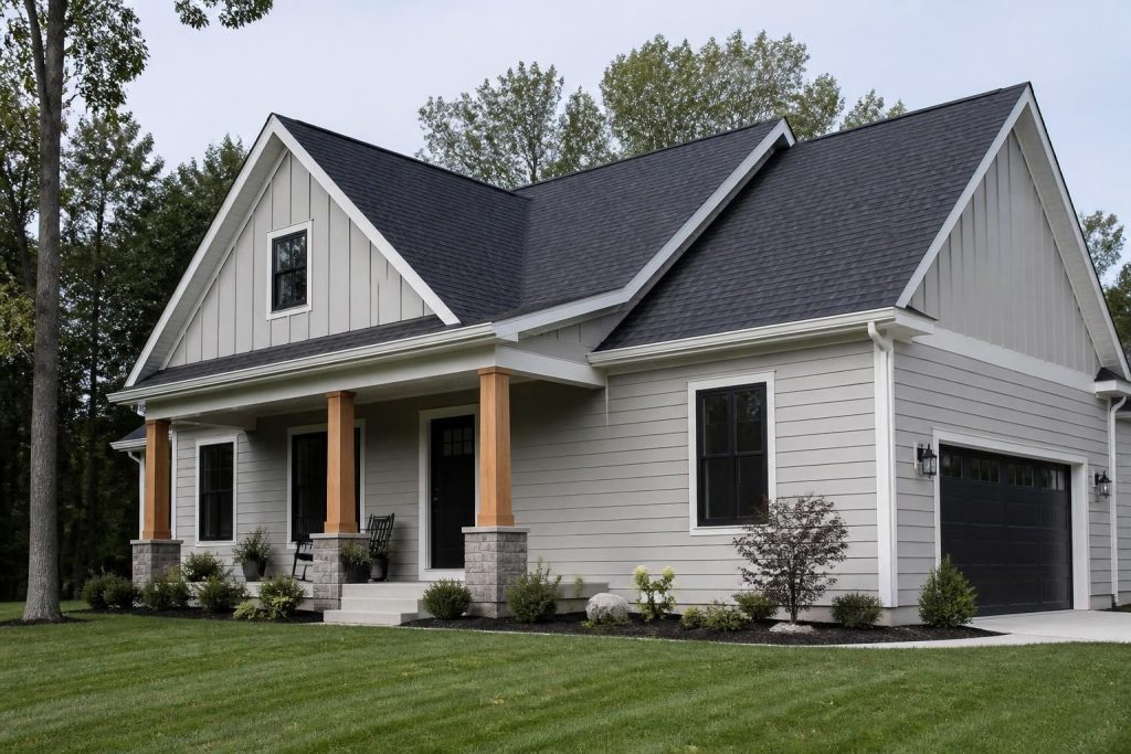 New roof and siding on a modern suburban home exterior.