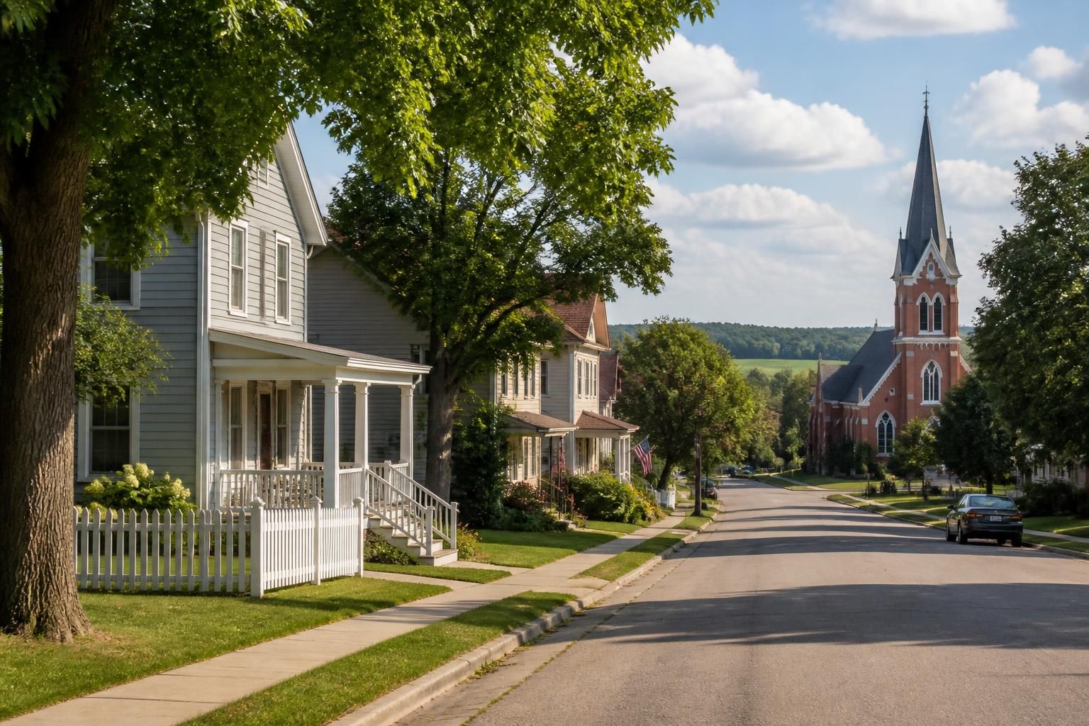 Quiet rural town street with well-kept homes in Minnesota.