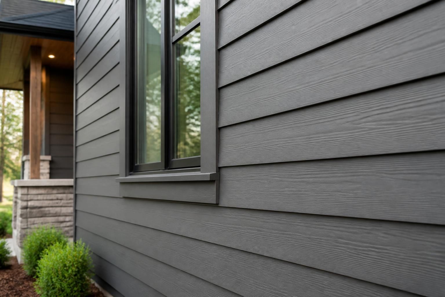 Freshly installed siding on a modern home exterior.