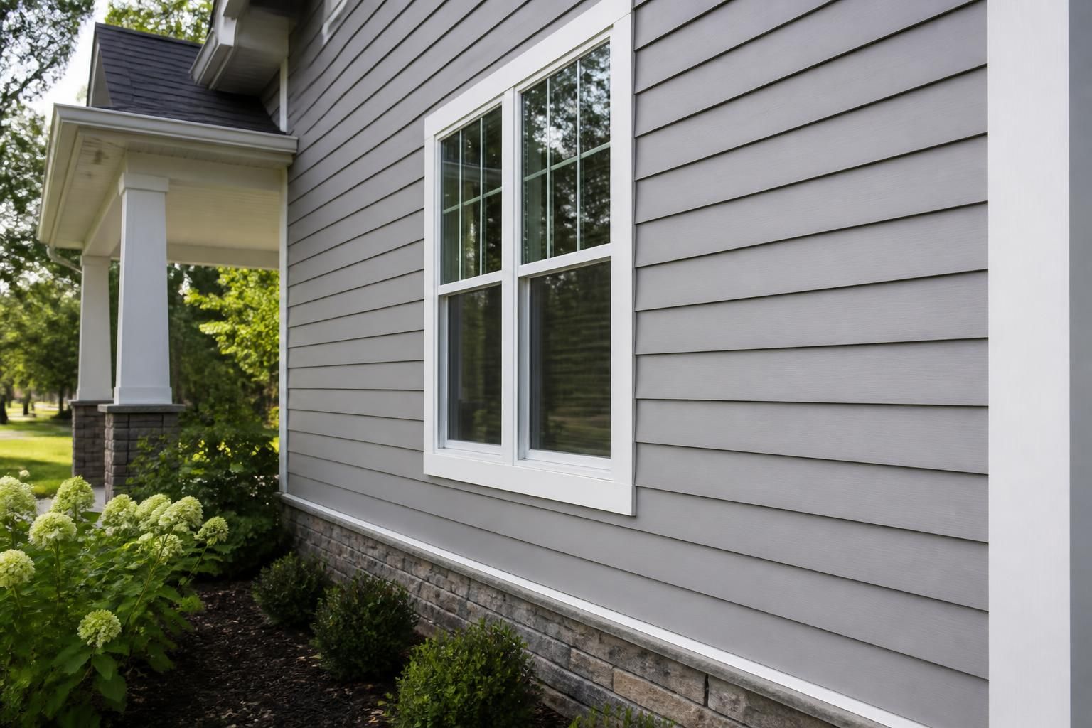 Completed siding replacement on a clean home exterior.