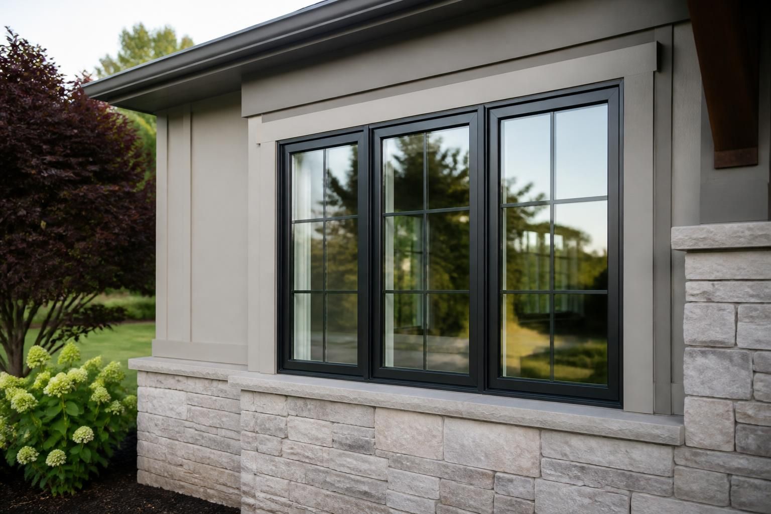 Newly installed windows on a finished home exterior.